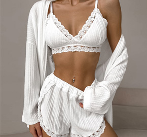 Knit Cardigan Casual Women's Long Sleeve Shorts Pajamas