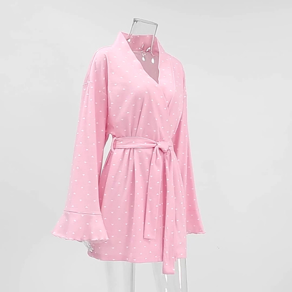 Long Sleeve Ruffled Pink Knit Women's Pajamas